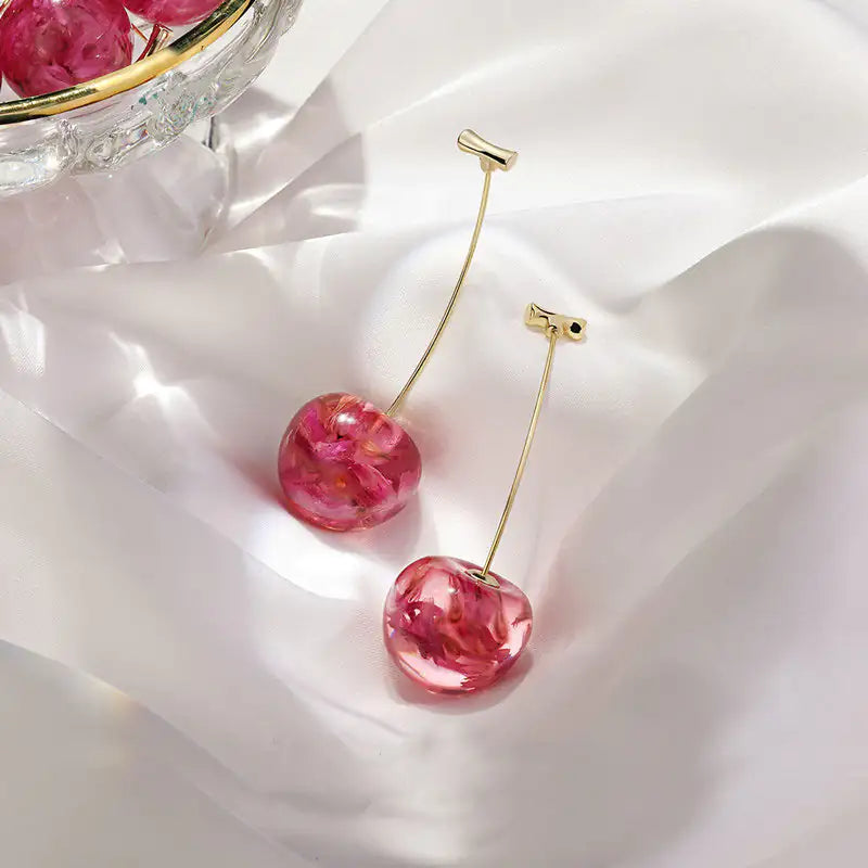 Valentine Earring Red Jewelry Cherry Long Dried Flower