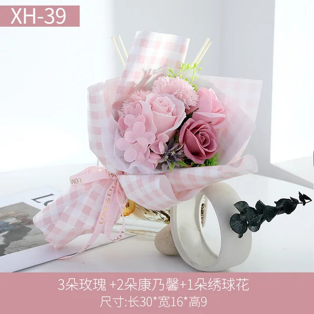 Valentine Artificial Soap Rose Pink Carnation Flower Bouquet Gift