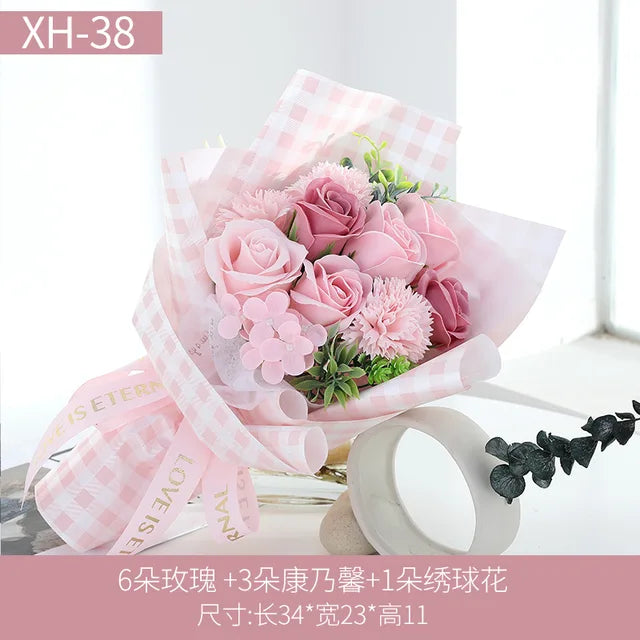 Valentine Artificial Soap Rose Pink Carnation Flower Bouquet Gift