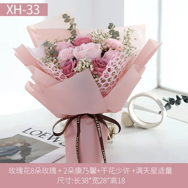 Valentine Artificial Soap Rose Pink Carnation Flower Bouquet Gift