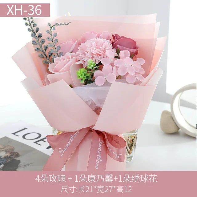 Valentine Artificial Soap Rose Pink Carnation Flower Bouquet Gift