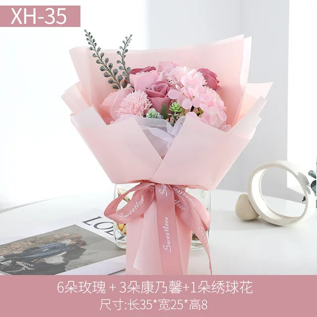 Valentine Artificial Soap Rose Pink Carnation Flower Bouquet Gift