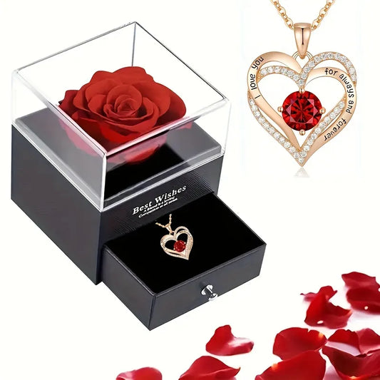 Valentine Jewelry Necklace With Red Rose Flower Gift Box