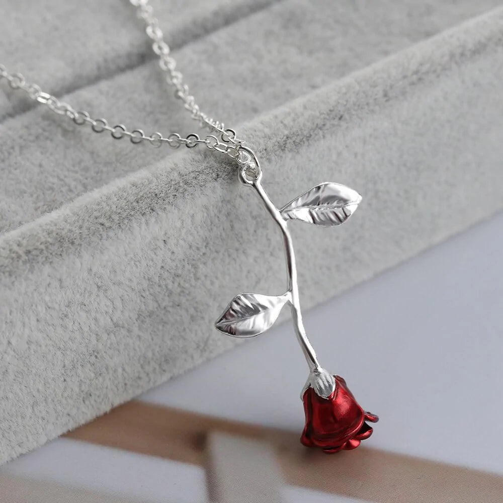 Valentine Red Rose Flower Necklace Jewelry Gift Anniversary