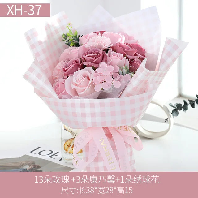 Valentine Artificial Soap Rose Pink Carnation Flower Bouquet Gift