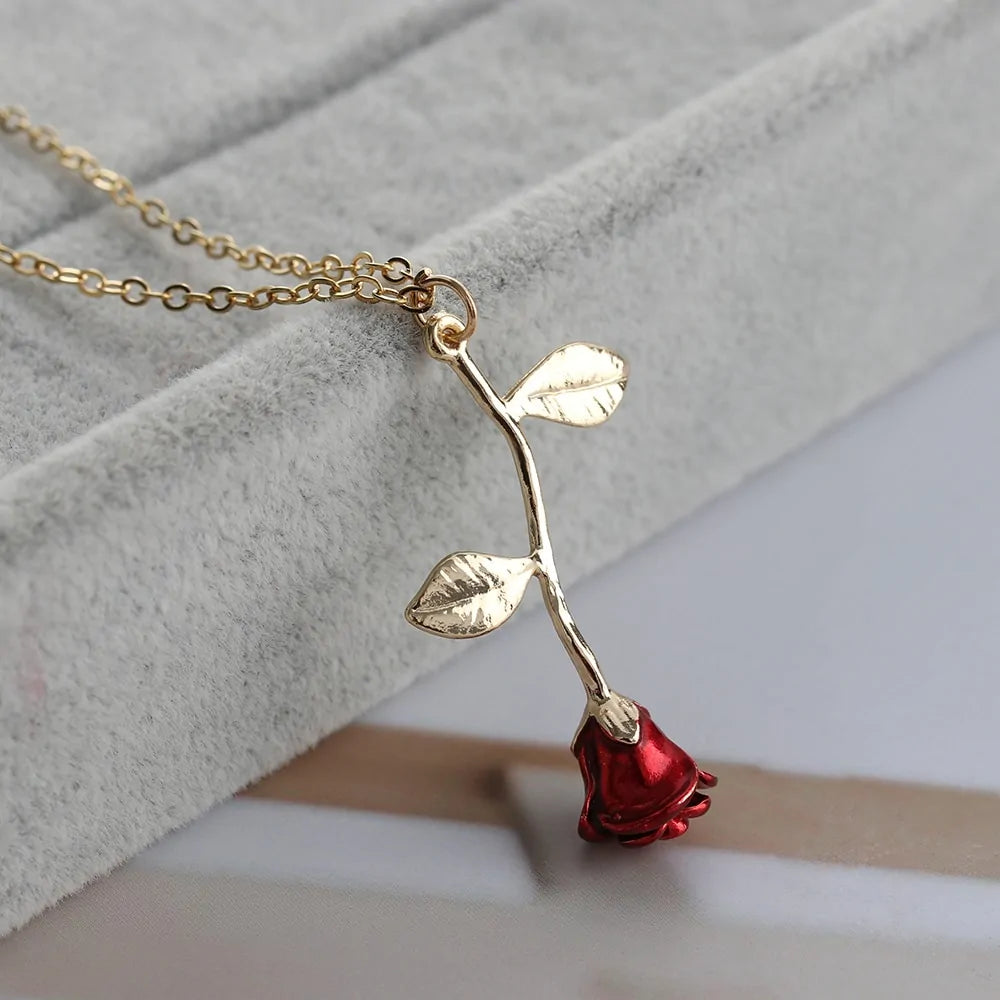 Valentine Red Rose Flower Necklace Jewelry Gift Anniversary