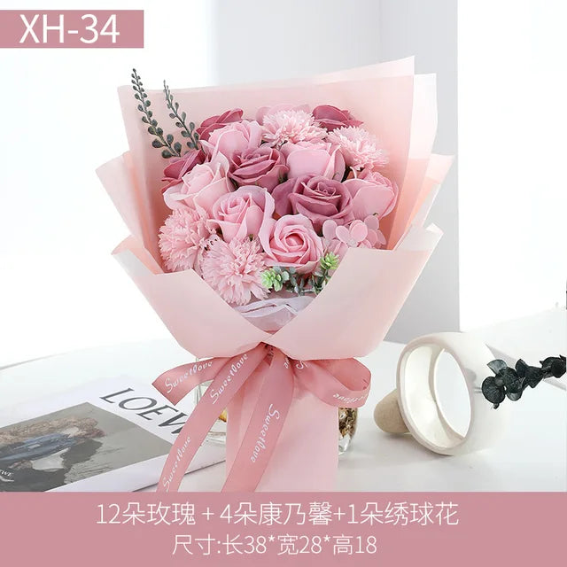 Valentine Artificial Soap Rose Pink Carnation Flower Bouquet Gift