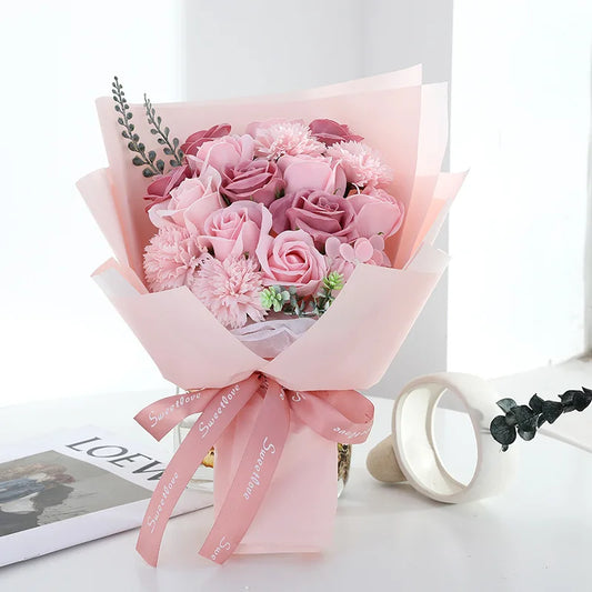 Valentine Artificial Soap Rose Pink Carnation Flower Bouquet Gift