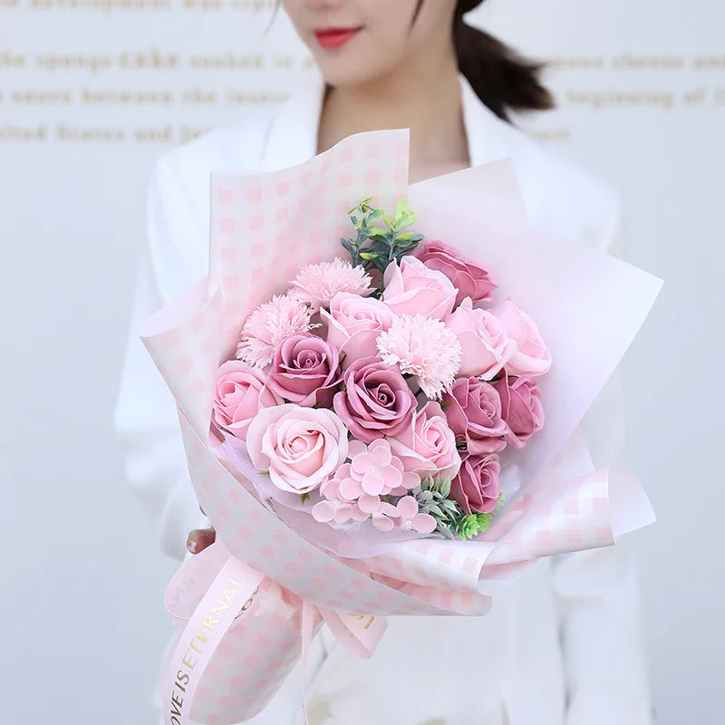 Valentine Artificial Soap Rose Pink Carnation Flower Bouquet Gift